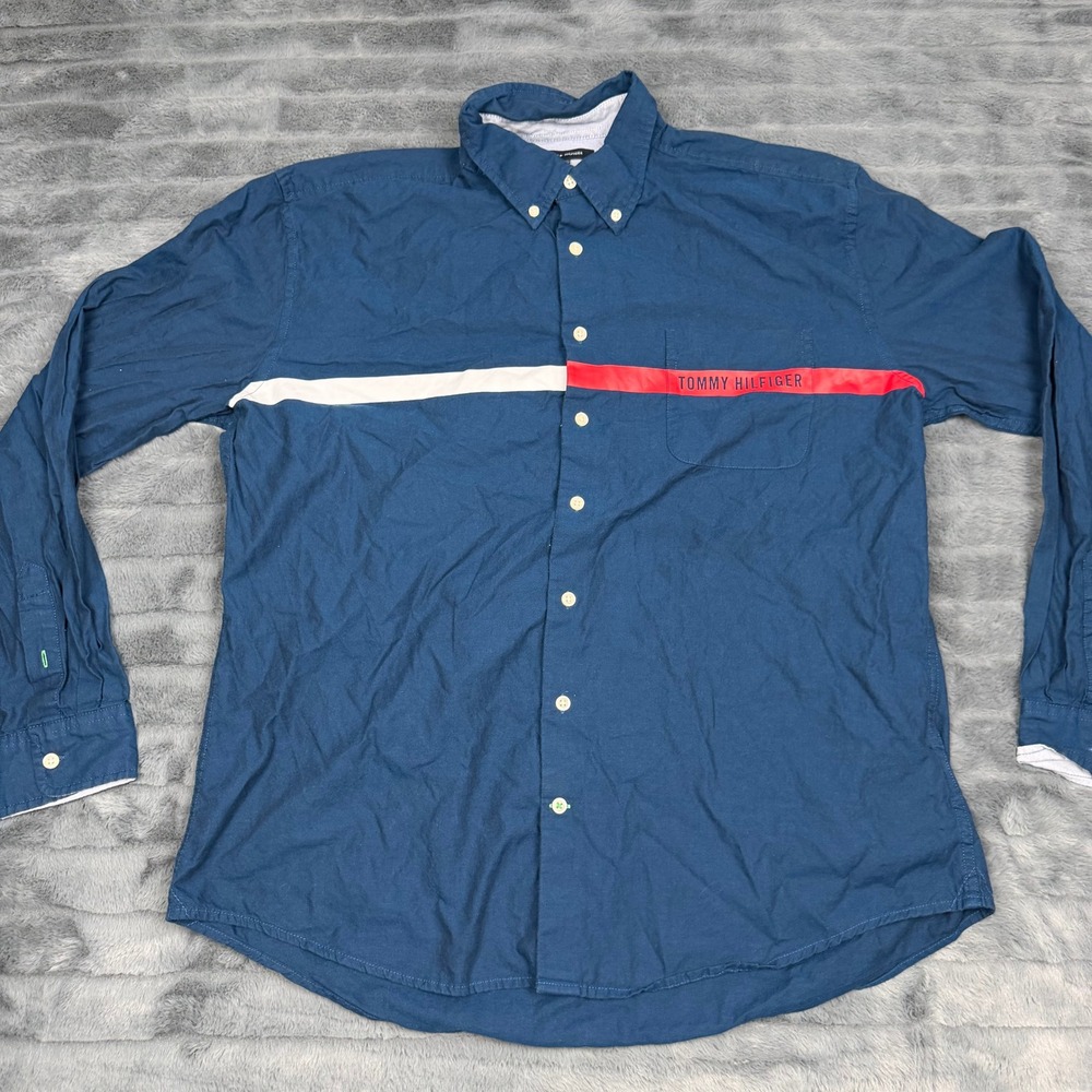 Tommy Hilfiger Mens XXL Blue Button Down Shirt Red White Chest Stripe Logo 13842